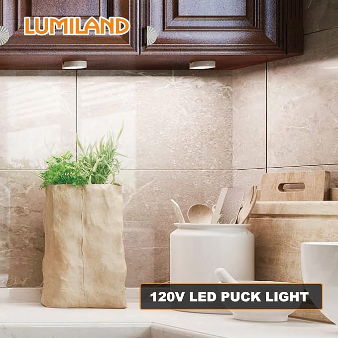 LUMILAND Wired LED Puck Lights 120V (2.7Wx3) Plug-in Lighting Warm White, LED Cabinet Light for Kitchen Can Be Surface Mount or Recess Mount, Satin Nickle