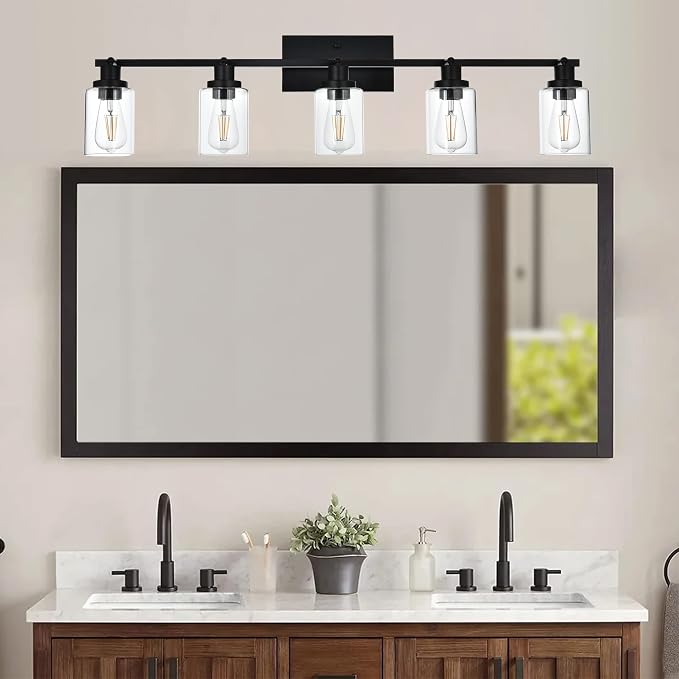 MELUCEE 5 Light Vanity Lights for Bathroom with Rotatable Light Head | Black Ceiling Light Fixture with Clear Glass Shade, Modern Spotlight Track Lighting Kit for Hallway Porch Foyer Bath, 37 Inch