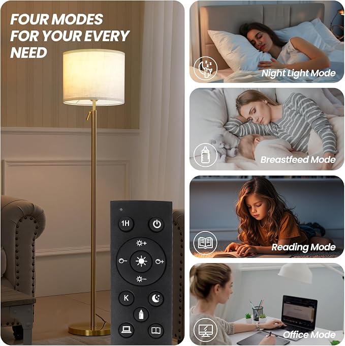 Floor Lamp Height Adjustable with Remote for Living Room and Bedroom Gold | 55"- 67" Height Adjustable Gold Standing Lamp with Dimmable 12W LED Bulb - Tall Stand Light with Shade for Corner Lighting