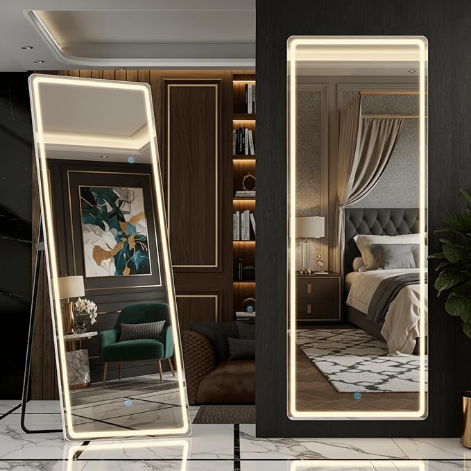 Lighted Full Body Mirror, 65x21 Wall Mounted Mirror with 3 Color Lights | Aluminum Frame Design with Tempered Glass, Wall Mounted Mirrors for Bedroom Decor, Cloakroom and Daily Dressing