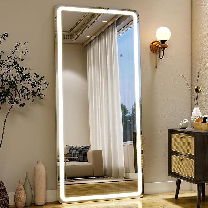Easly 26x68 inch Full Length Mirror with Lights, LED Lighted Floor Standing, Hanging Mirror Full Length with Stand Free, Full Body Dressing Mirrors with Dimmable 3 Color LED