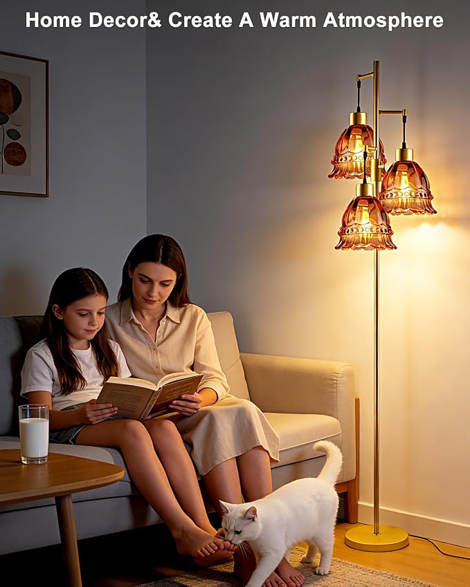 Lightdot 3-Lights Glass Floor Lamp Dimmable Gold Floor Lamp with Deep Red Glass Shade 3000K Bulbs Included Unique Modern Standing Tall Lamp with 5Lbs Heavy Base for Living Room/Bedroom/Sofa Beside
