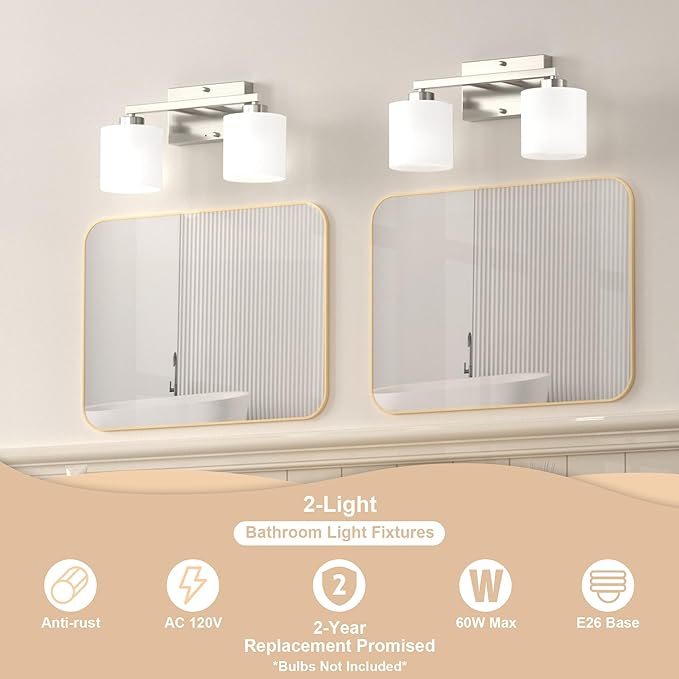 Honesorn Modern Vanity Lights - 2-Light Brushed Nickel Bathroom Mirror Lights with Frosted Shade & Anti-Rust Finish, E26 Wall Mounted
