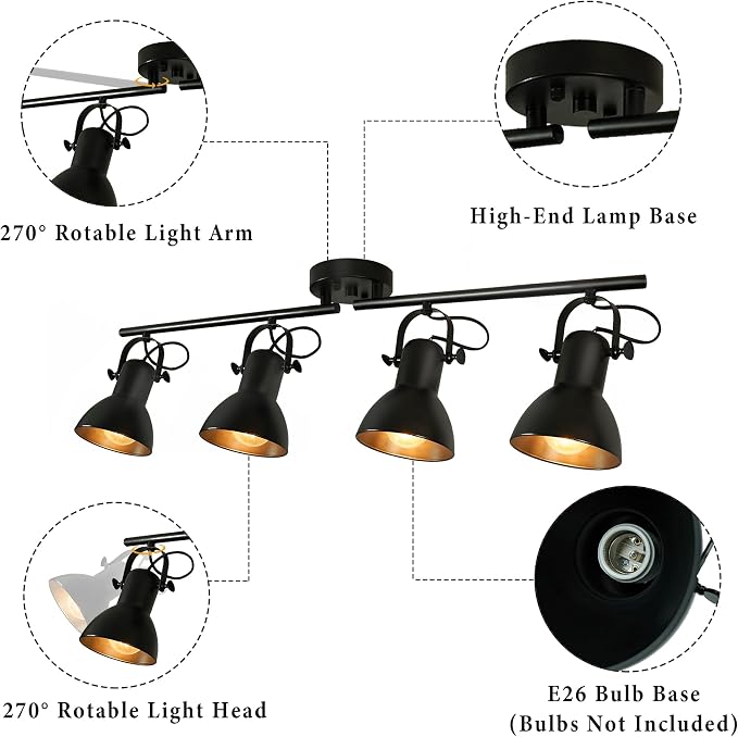 Track Lighting Fixtures Ceiling Black Track Lighting Kitchen Light Fixtures Ceiling Light 4 Light Angle Adjustable Industrial Track Lighting Kit for Living Room Gallery office Mall Billiard Table