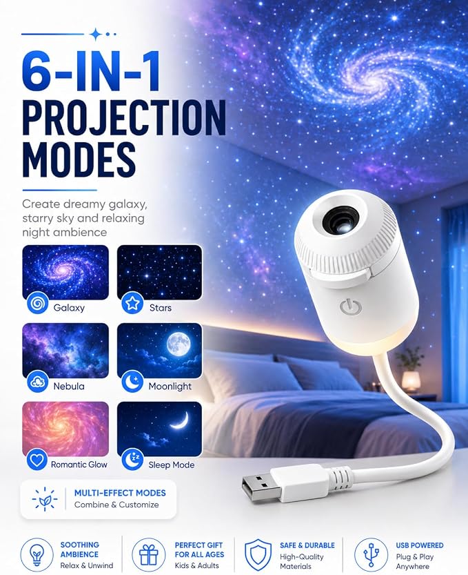 HD Smart Dynamic 5D Holographic Night Light Projector, Starry Sky Galaxy Projection Lamp with 360° Flexible Gooseneck, Touch Control Dimmable Star Projector for Bedroom (3 Projection Films)