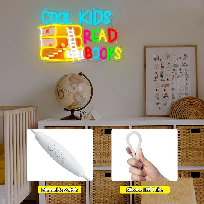 Cool Kids Read Books Neon Sign Printed Read Books Neon Light for Wall Decor | USB Dimmable Cool Kids LED Neon Signs for Classroom Reading Room Bookstore Library Bedroom Study Room Bookish Decoration