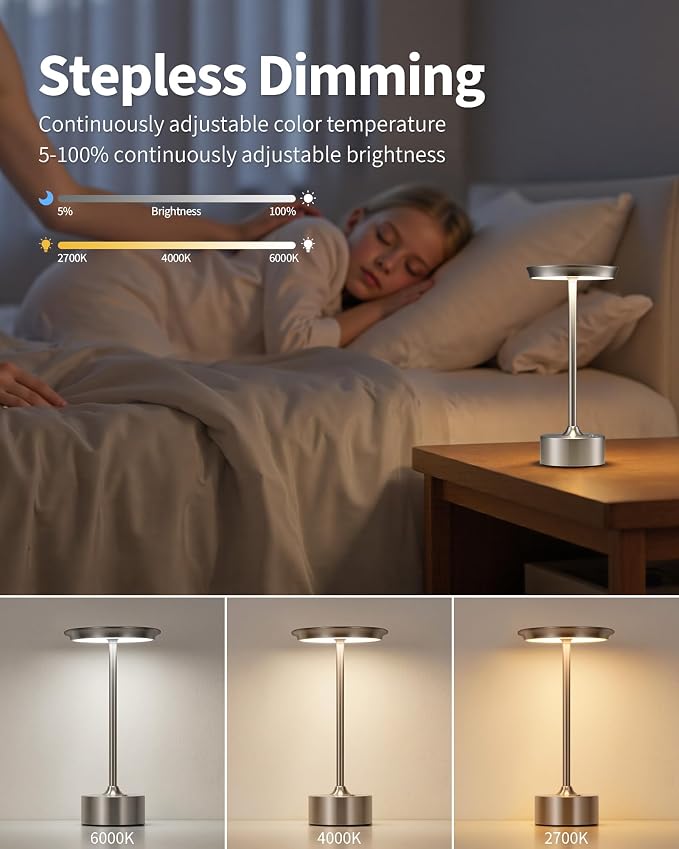 PUSU Rechargeable Table Lamps Set of 2, Nickel Cordless Portable Desk Lamp | 4000mAh Battery, Stepless Dimming & 3 Color 2700K-6000K, LED Lamp for Bedroom, Living Room, Restaurant, Outdoor, Night Light