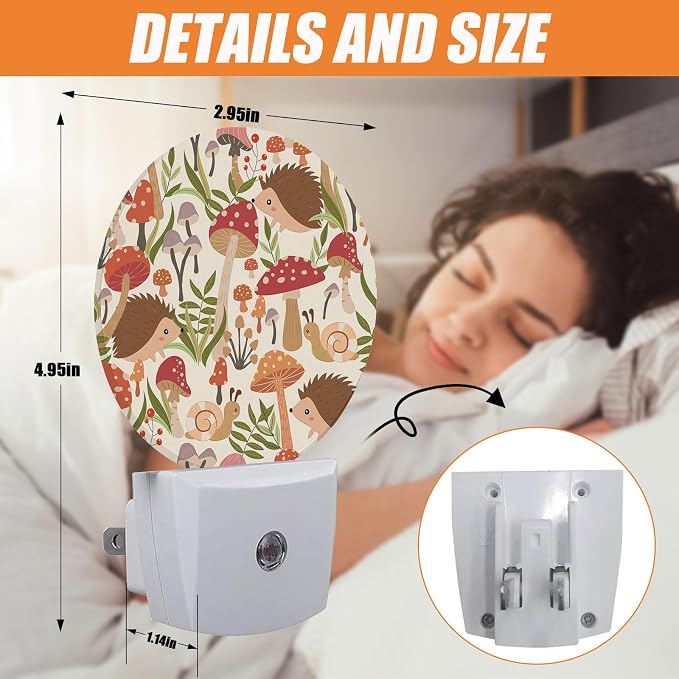 Cute Mushroom Wild Animal Night Light,Hedgehogs Snails Nightlight Plug into Wall LED Lamp Auto Sensor Dusk to Dawn for Bedrooms/Kitchens/Toilets/Corridors,Energy-Saving