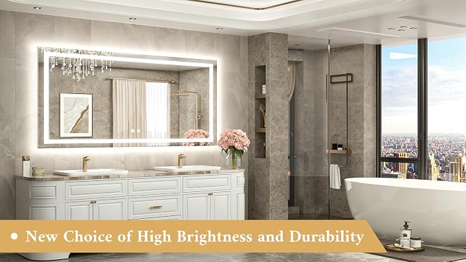 60 x 28 LED Lighted Bathroom Mirror with Lights, Brighter Front and Backlit Light up Mirror for Bathroom Vanity Wall, 3-Color Dimmable Illuminated Antifog Mirror, Waterproof, Tempered Glass