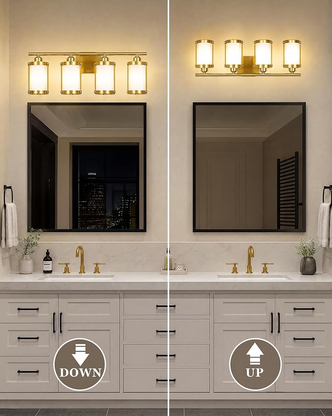 4-Light Brushed Gold Bathroom Light Fixtures with Milk White Frosted Glass, 29" UL-Listed Modern Wall Sconce Over Mirror with Metal Cage for Bath, Hardwire E26, OS-3014BGW-4W