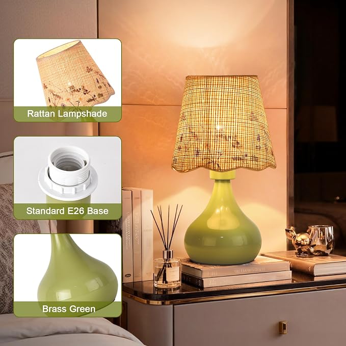 Ziqqeelam Green mall Bedside Cute Table Lamp for Bedroom, Table Lamps for Nightstand, Scalloped Rattan Shade Table Lamps for Small Spaces for Bedroom, Home Office, Living Room