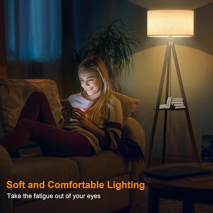 LEPOWER Shelf Floor Lamp Tripod Mid Century Modern Lamps for Living Room | Light-Diffusing Linen Shade, Premium Rubberwood, E26 Base, Foot Switch, Adding Warmth to Bedroom, Office & Study Corner Black