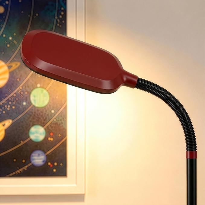Brightech Litespan - Bright LED Floor Reading Lamp for Over Chair Crafts and Reading, Estheticians' Light for Lash Extensions, Adjustable Standing Lamp for Living Room, Bedroom, Office - Red