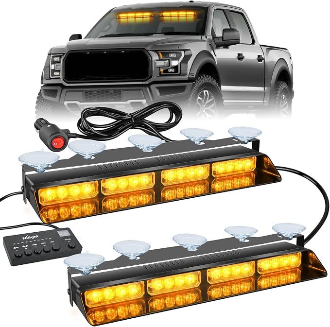 Nilight 32LED Amber Emergency Dash Strobe Lights w/Controller Suction Cups | Warning Hazard Interior Front/Rear Windshield Deck Split Light Bar for Trucks Construction Vehicles