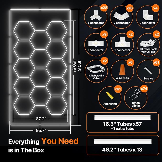 Hexagon Garage Lights: 578W 14 Grids Hexagon Led Lights 63690LM | 6500K Ultra Bright Hex Light, DIY Honeycomb Light for Garage, Shop, Basement, Barber, Homegym, Car Detailing, Studio