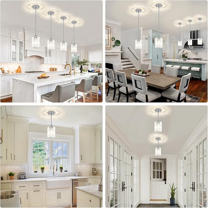 3 Pack Chrome Pendant Lights Kitchen Island, Modern Crystal Kitchen Pendant Lighting Over Island Adjustable Hanging Dining Room Light Fixtures Mini Pendant Light for Bathroom Hallway Bedroom Foyer