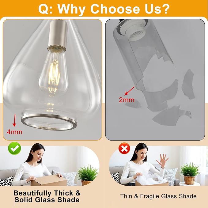 2 Pack Modern Pendant Lights Kitchen Island, Brushed Nickel Pendant Light Fixtures with 8.5" Clear Glass Shade,Industrial Hanging Pendant Lights Fixture for Kitchen Island Dining Room Bedroom Entryway