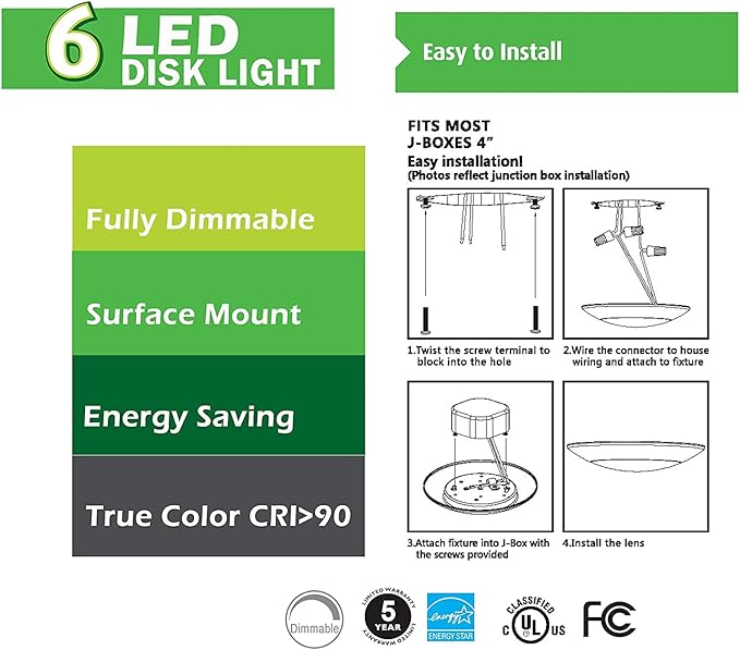7.5" Ceiling Lighting Fixture I LED Lights for Bedroom I 16.5W (120W Eq), 120V, 2700K Porch Lights I Wet Location LED Light - 4/6" J-Box | Flush Mount Ceiling Light Fixture
