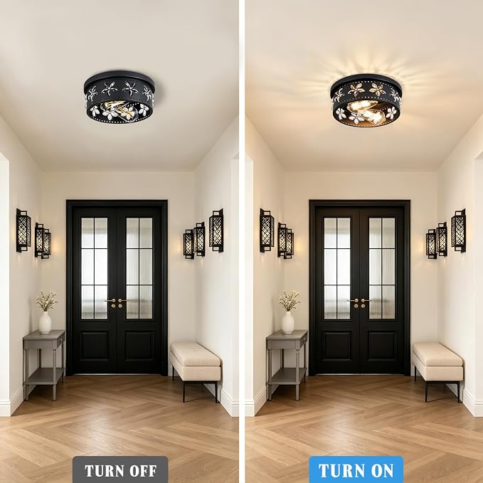 10.6 Inch Black Flush Mount Ceiling Light Fixture | 2-Light, Flower, Farmhouse, Kitchen, Dining Room, Bedroom, Living Room, Foyer, Entryway