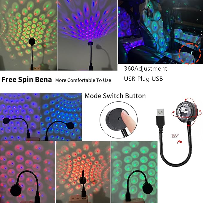 2Pcs USB Projector Night Light,Adjustable Atmosphere Car Roof Interior Lights Portable Star Lights,Neon Decorative Light for Car,Ceiling,Bedroom,Party,4 Colors & 9 Functions,Voice Control