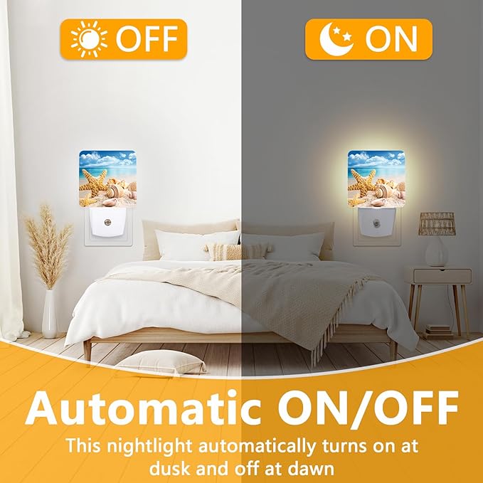 Ocean Beach Summer Night Light, Plug-into Starfish Seashell Sea Nightlight White LED Lamp, Energy Efficient Decor Desk Lamp for Bedroom Hallway Stairs Bathroom