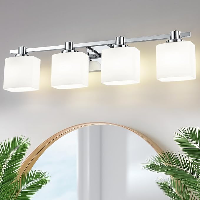 32 Inch Chrome Bathroom Light Fixtures Over Mirror 4 Light Bathroom Vanity Light Silver Modern Industrial Makeup Lighting Wall Sconce Shower Farmhouse Rustic Milk Glass Lamp Above Desk Sink