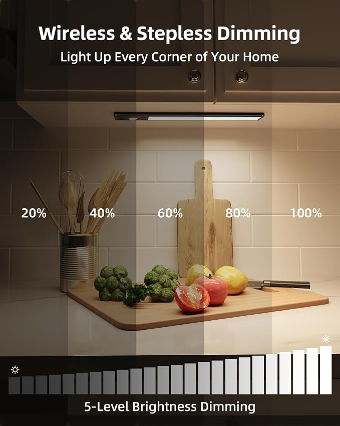 EZVALO Under Cabinet Lighting, 3500mAh Rechargeable Motion Sensor Light Indoor, 3 Color Temps, 5-Level Dimmable Magnetic Wireless Closet Lights for Kitchen, Stairs (Black, 2 Pack)