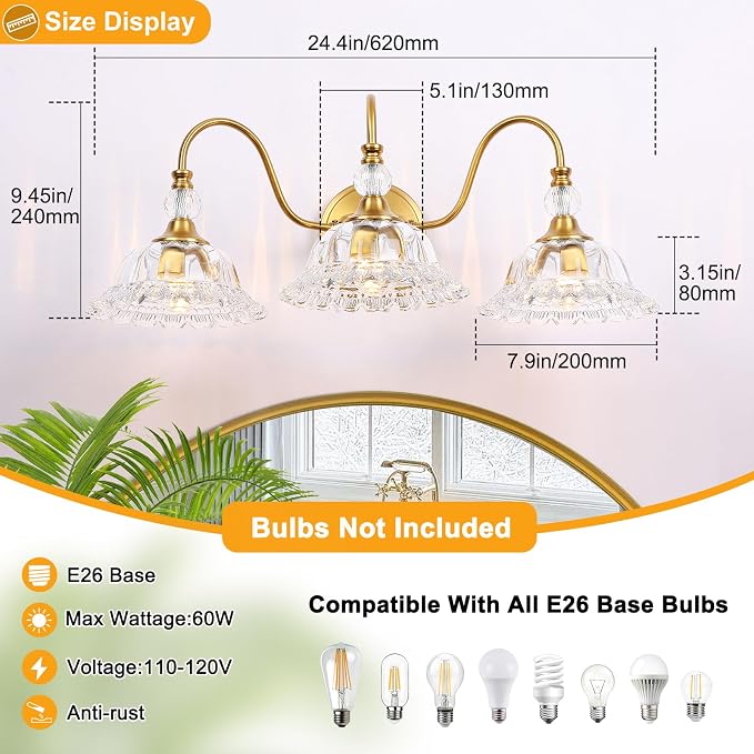 Modern Bathroom Vanity Light Fixtures 3 Lights Brushed Gold Vanity Lights for Bathroom with Floral Crystal Glass Shade Modern Wall Lighting Fixtures Over Mirror(Exclude E26 Bulb)