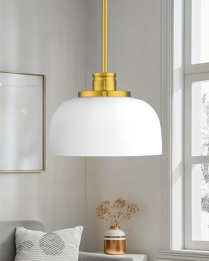 Emak Brushed Gold Pendant Lights Kitchen Island, 10 Inch Large Milk Glass Pendant Light Fixtures, Modern Hanging Lights for Kitchen Island, Dining Room, Bedroom, Bathroom, PL131-BGD-ML