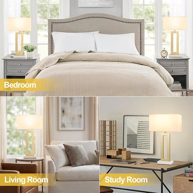 Seealle 22" Tall Bedroom Lamps for Living Room - Gold Bedside Lamps with Marble Base, Lamp for Nightstand with Knob Switch, Modern Night Stands Lamps for End Tables(White&Gold&Marble)