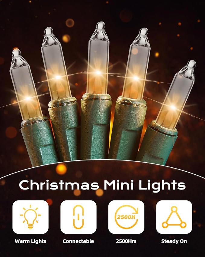 Brightown Clear Christmas String Lights, 100-Count 20ft Incandescent Bulb Mini Lights for Indoor Holiday Decor, Christmas Tree Garland Wedding Party Multi-Use Festival Decoration, Green Wire