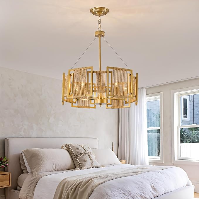 4-Light Boho Rattan Chandelier Light Fixture,Large Hand Woven Gold Pendant Light Fixture Farmhouse Rustic Hanging Light for Kitchen，Bedroom, Dining Room, Living Room, Hallway, Foyer
