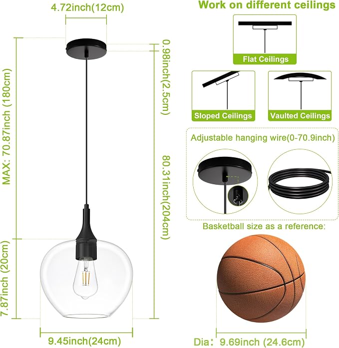 9.45in Black Pendant Lights Kitchen Island with Clear Glass Shade 1Pack | Handcrafted Glass Pendant Light Fixtures, UL Certified, E26 Base 100W Max, Height-Adjustable, Dimmable Hanging Pendant Light