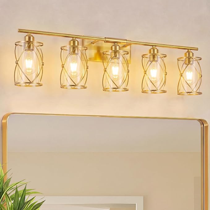 5-Light Brushed Gold Bathroom Light Fixtures Over Mirror, 38" UL-Listed Modern Wall Sconce Lights with Clear Glass and Metal Cage for Bath, Hardwire E26, CH9176BG-5W