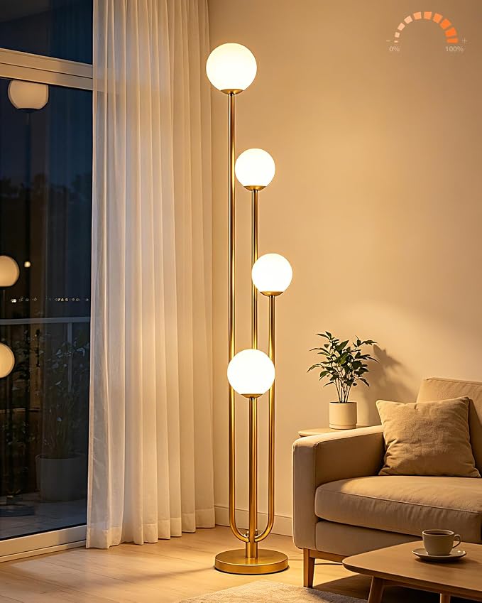 63IN 4-Light Dimmable Floor Lamp, Unique Gold Tall Standing Lamps with 3000K Bulbs for Reading, Mid Century Modern Floor Lamp with 5Lbs Heavy Base for Living Room Bedroom Home Office