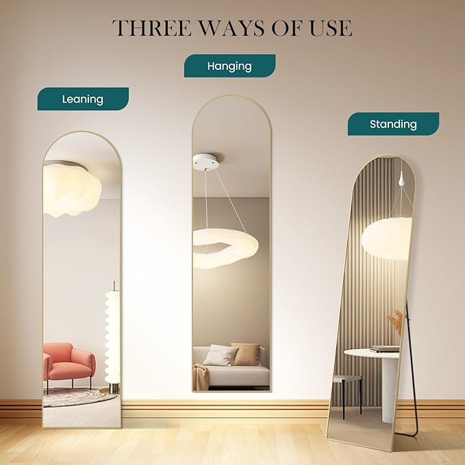 Arched Full Length Floor Mirror, 15.75"x59" Body Wall Mirror Stand | Shatter-Proof Nano Glass, Tall Standing, Hanging or Leaning, Aluminum Alloy Frame for Bedroom, Modern Home Decor, Gold