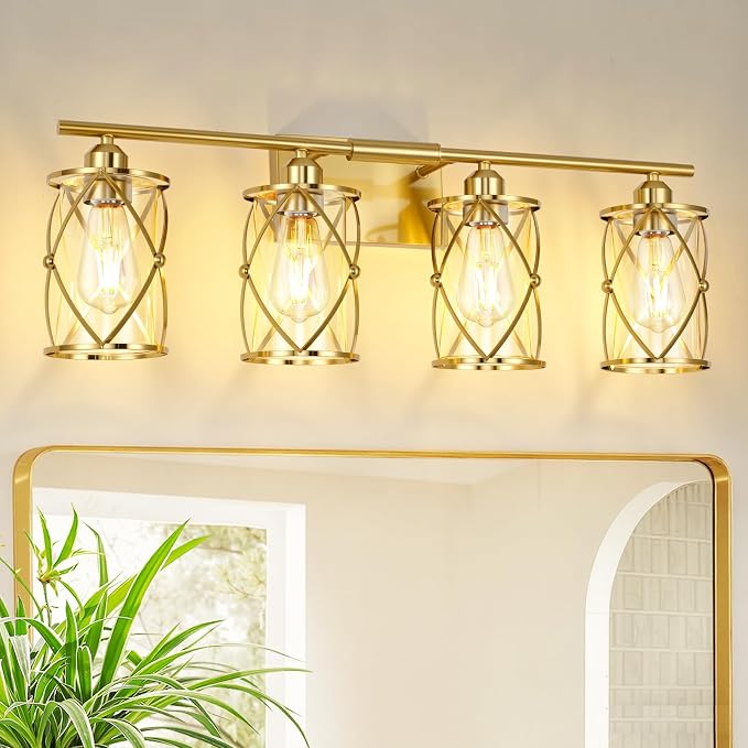 4-Light Brushed Gold Bathroom Light Fixtures, 29 Inch Modern Bathroom Vanity Lighting Fixtures Over Mirror with Clear Glass and Metal Cage Wall Sconce Lights for Bath, E26, CH9176BG-4W