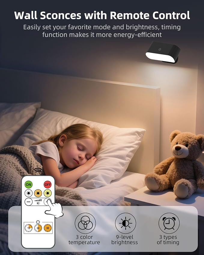 Battery Operated Wall Sconce Set of 2, Rechargeable LED Wall Mounted Light with Remote Control, Stick On Magnetic Wall Lights for Bedroom, 3 Modes Dimmable Bedside Reading Wall Lamps for Bedroom | Rechargeable Wall Lights, 3 Lighting Modes, Easy Stick-...