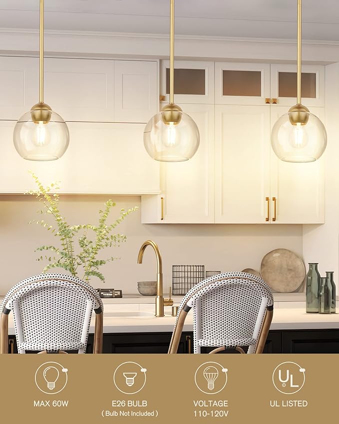 Emak Modern 7 Inch Globe Pendant Lights, Industrial Gold Pendant Light Fixtures, 1-Light Hanging Lights with Clear Glass Shade for Kitchen Island, Bedroom, Bathroom, Dining Room, Hallway, PL119-GD