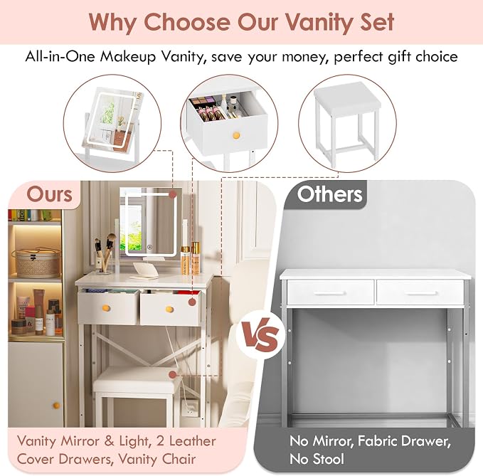 19.7"W Small White Makeup Vanity Desk with Mirror and Light, Chair | Mini Vanity Set Table with Stool, Smart Adjustable Lighted Mirror for Kids, Girls, Bedroom, Corner, Small Space
