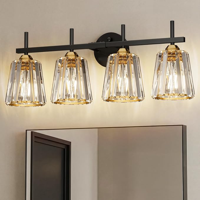 Crystal Bathroom Light Fixtures Over Mirror, Black Gold 4-Light Bathroom Vanity Lights Over Mirror Modern Wall Lighting Sconces with Ceramic E26 Base (Bulbs Not Include)