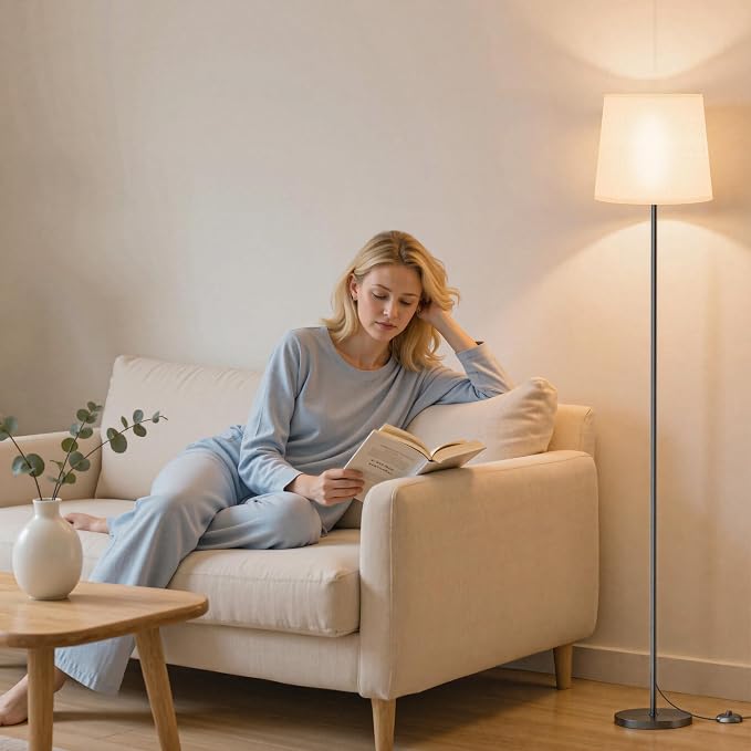 Dimmable Floor Lamp with Linen Shade for Living Room | Dimmable LED Standing Lamp with Remote & Foot Switch, Modern Floor Reading Light for Bedroom Office Corner