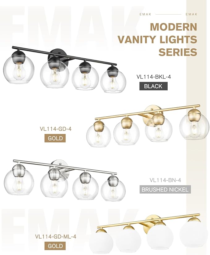 Emak Modern Gold Bathroom Light Fixtures Over Mirror, 4 Light Bathroom Vanity Light with Milk Glass Shade, 29 Inch Globe Vanity Lights for Bathroom, Mirror, VL114-GD-ML-4