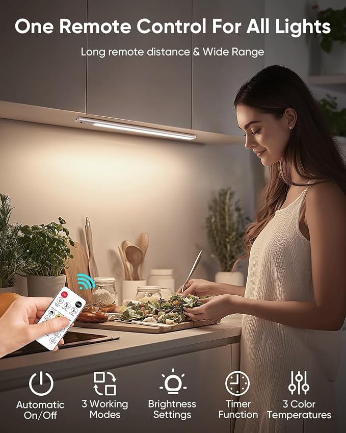 10inch Under Cabinet Lighting Wireless, LED Rechargeable Motion Sensor Light Indoor, Closet Lights with Remote, 3 Color Temps, Dimmable, Magnetic Under Counter Light for Kitchen, Stair, 4 Pack