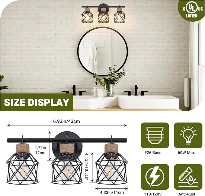 3-Light Farmhouse Bathroom Vanity Light Fixtures Over Mirror, Matte Black Vanity Lights with Metal Cage Lampshade, Vintage Bathroom Sconces Wall Lighting for Living Room Bedroom Hallway Cabinet