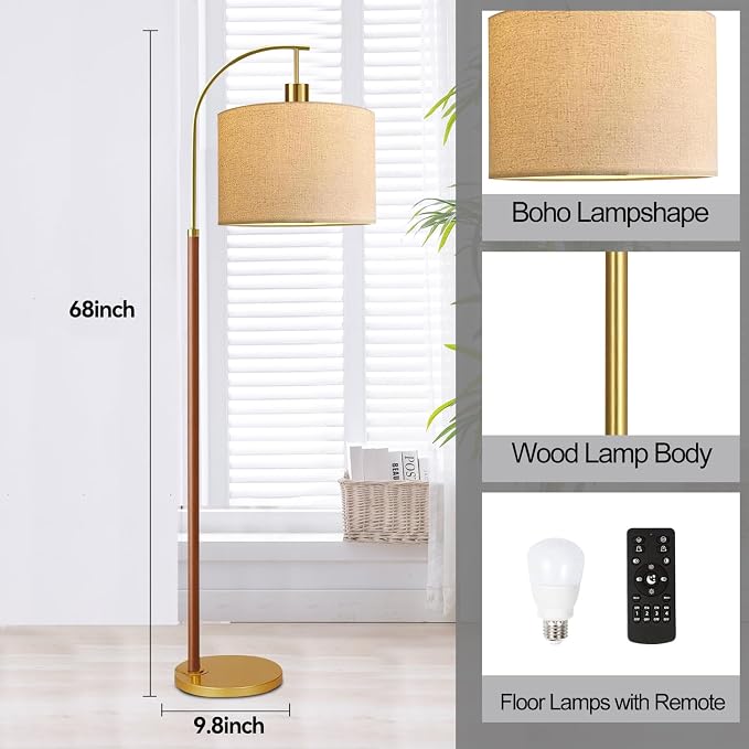 Wood Floor Lamps for Living Room Arc Floor Lamp with Remote Control,Dimmable Farmhouse Floor Lamp Mid Century Modern Standing Lamp with 3 Color Temperature Tall Vintage Floor Lamp For Bedroom Corner