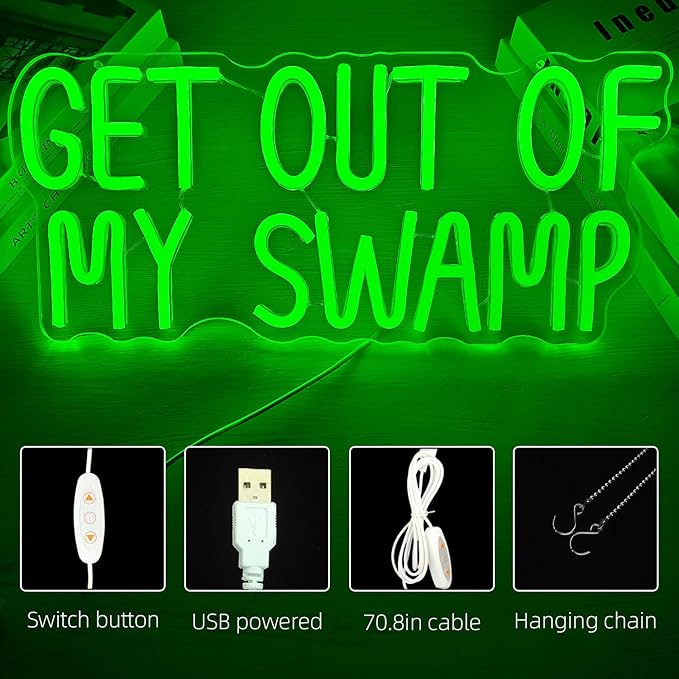 Get Out of My Swamp Neon Sign Green Led Signs for Bedroom Wall USB Funny Neon Lights for Home Theme Party Birthday Kids Room Decor