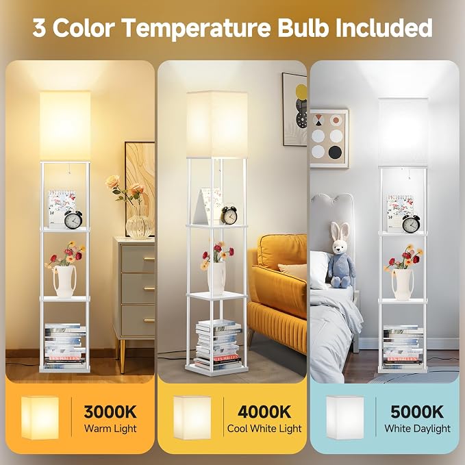 SHINE HAI Floor Lamp with Shelves, 3-Tier Square Modern Shelf Lamp | 3CCT Bright Bulb Included, Tall Standing Lamps for Living Room Bedroom Office