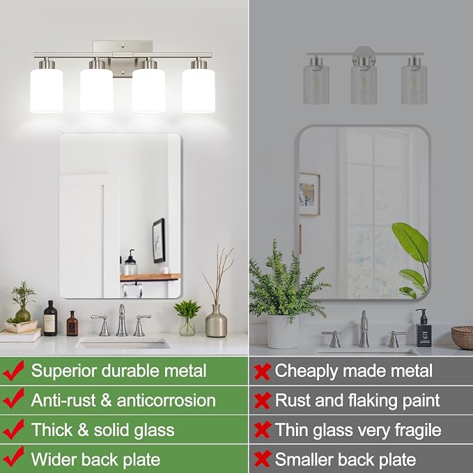 Brushed Nickel Bathroom Light Fixtures with Milk Glass Shades, Eye-Friendly 4 Light Vanity Lights for Bathroom, Vanity Lights with E26 Socket (Bulbs Not Included), for Mirror, Bedroom, Hallway