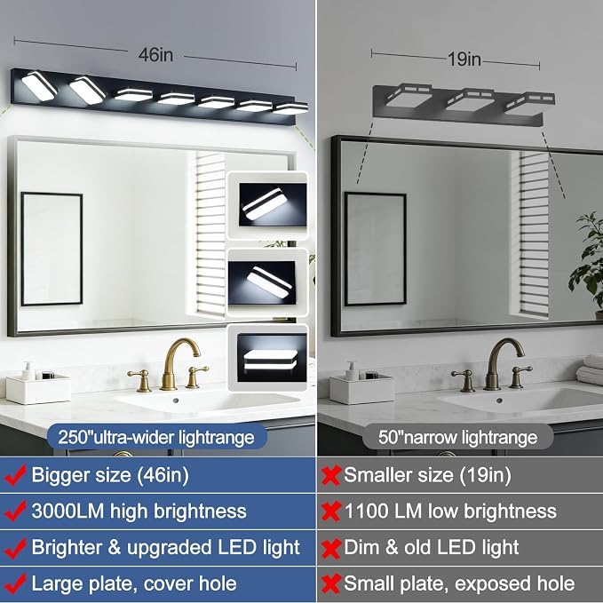 Torondo 360° Rotate LED Bathroom Vanity Light Fixtures, Acrylic Vanity Lights for Bathroom, Modern Wall Lighting Fixtures Over Mirror Living, Matte Black, Natural White, 7-Light, 46-Inch